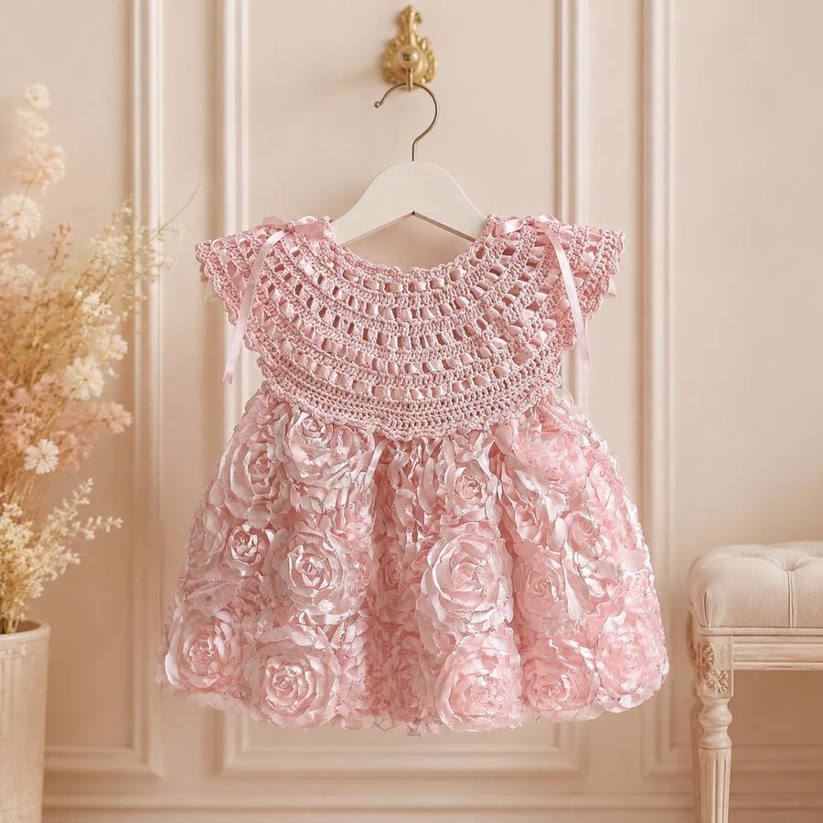 Crochet & Ribbon Rose Baby Dress