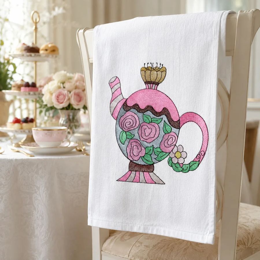 Floral Teapot Embroidered Tea Towel