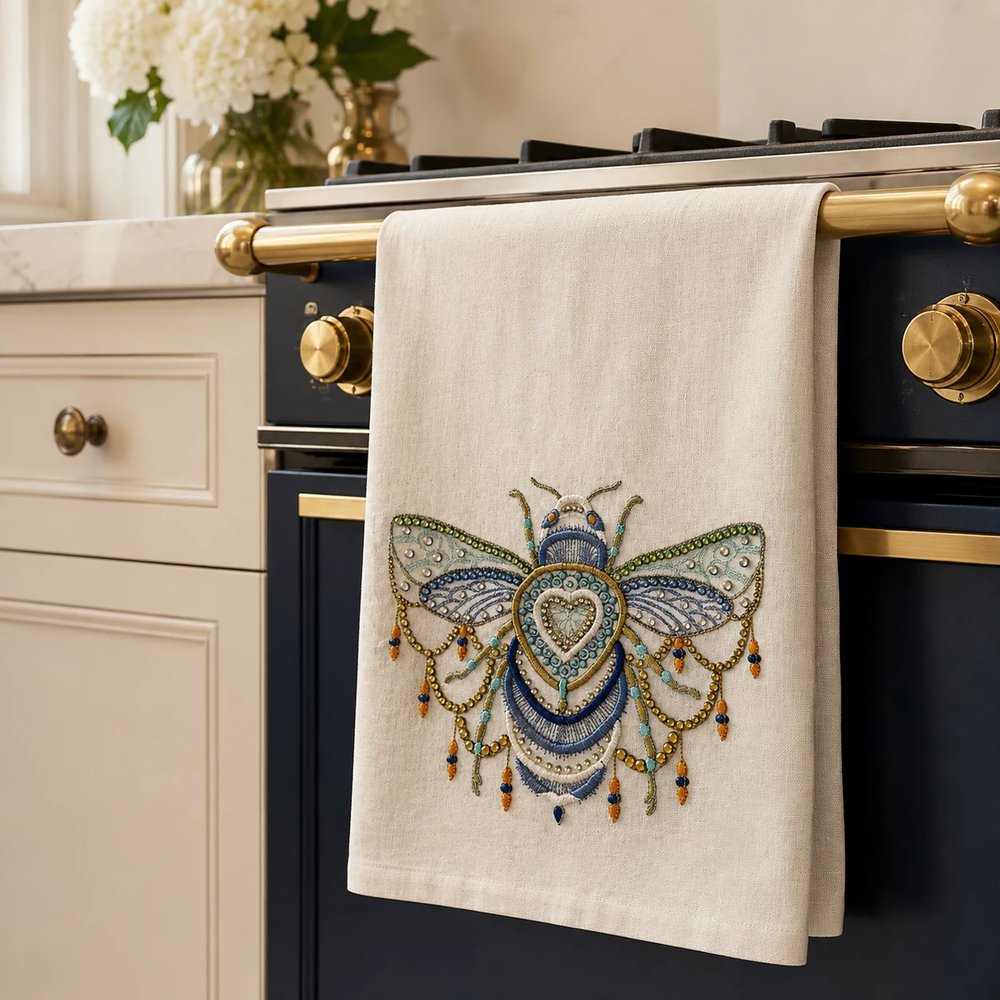 Jeweled Bee Embroidered Tea Towel