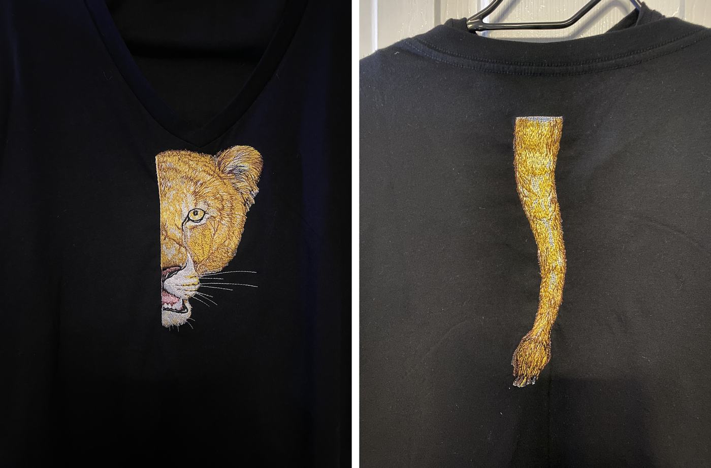 Custom lion embroidery design, front and back of shirt