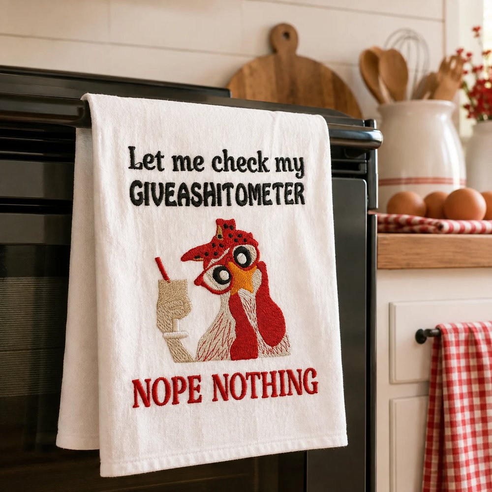 Give-a-Cluck-o-Meter Embroidered Tea Towel